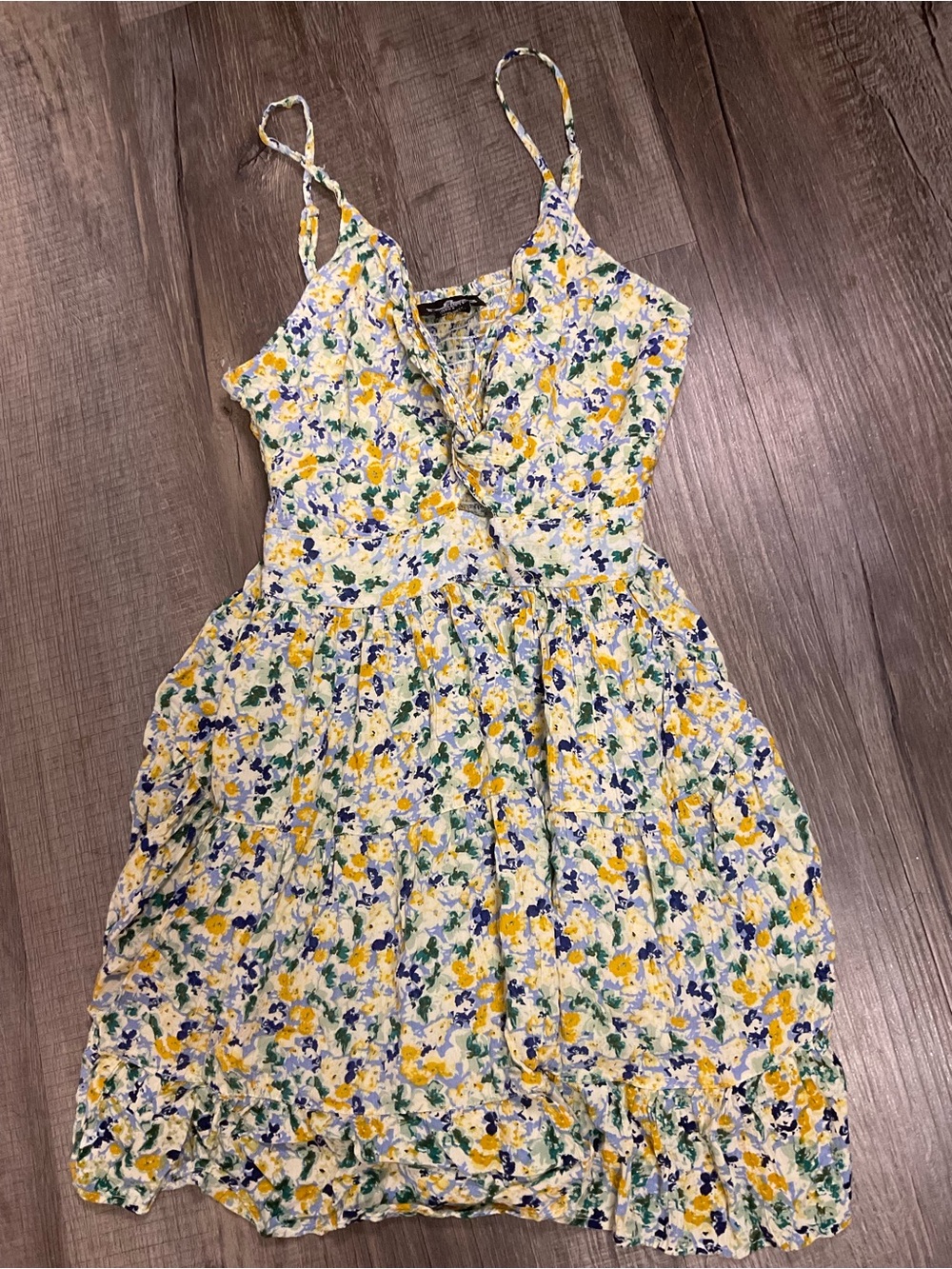 Angie boho floral tiered mini sundress size large rayon keyhole babydoll a-line - Picture 9 of 11